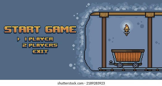 Pixel art mining game home screen. Underground mine with ore cart. 8bit gaming background
