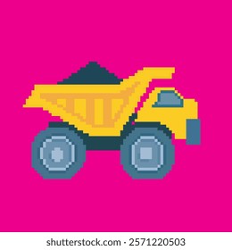 pixel art mining truck, vector illustration on isolated background.
