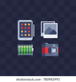 Pixel art mobile apps icons set. Traveling device. Camera and photo album. Smartphone and battery. 8-bit sprites. Isolated  abstract vector illustration.