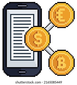 Pixel art mobile cryptocurrency exchange. buy crypto vector icon for 8bit game on white background

