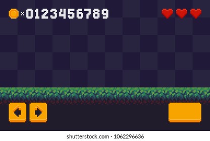 Pixel Art Mobile Game UI With Grass, Arrow Buttons, Coin, Heart And Numbers