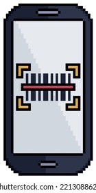 Pixel art mobile phone with barcode on screen vector icon for 8bit game on white background

