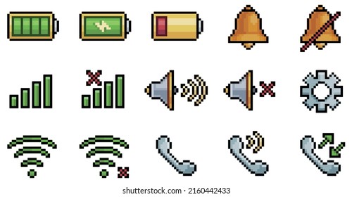 Pixel art mobile phone interface icons. Battery, bell, speaker, phone, wifi signal icon vector icon for 8bit game on white background
