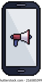 Pixel art mobile phone with megaphone cell phone icon vector icon for 8bit game on white background
