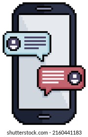 Pixel art mobile phone with messaging chat vector icon for 8bit game on white background
