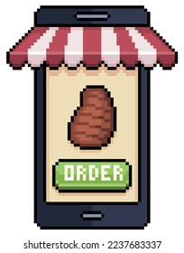 Pixel art mobile phone ordering meat in food app vector icon for 8bit game on white background