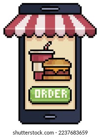 Pixel art mobile phone ordering hamburger and soda in food app vector icon for 8bit game on white background