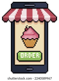 Pixel art teléfono móvil ordenar cupcake en un icono vector de aplicación de alimentos para un juego de 8 bits sobre fondo blanco