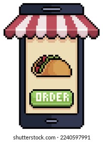 Pixel art mobile phone ordering mexican taco in food app vector icon for 8bit game on white background