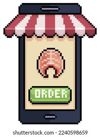 Pixel art mobile phone ordering salmon fillet in food app vector icon for 8bit game on white background