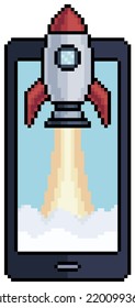 Pixel art mobile phone with rocket on screen, cell phone vector icon for 8bit game on white background