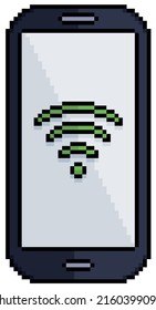 Pixel art mobile phone with wifi icon on screen vector icon for 8bit game on white background


