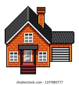 Pixel art modern brick house detailed isolated vector