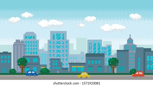 Pixel art modern city with buildings panorama