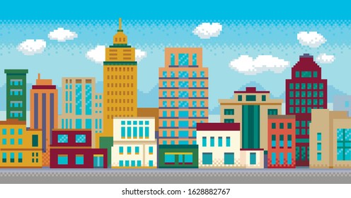 Pixel art modern city with buildings panorama