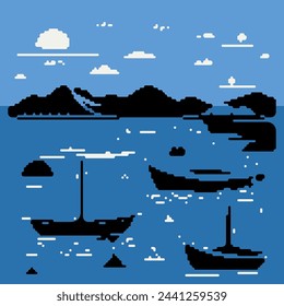 Pixel art modern illustration of a boats sailing on a sea with mountains.