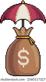 Pixel art of money bag with umbrella in 8-bit style on white background