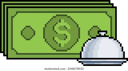 Pixel art of money bills with plate of food in 8-bit style on white background