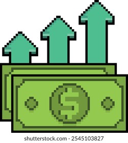 Pixel art of money bills with upward arrows in 8 bit style on white background