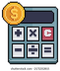 Pixel Art Money Calculator. Coin Over Calculator Vector Icon For 8bit Game On White Background
 