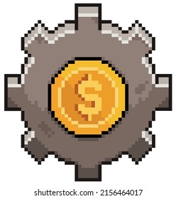 Pixel art money gear. coin gear vector icon for 8bit game on white background
