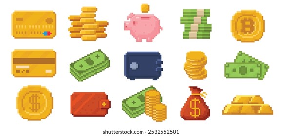Pixel art money. Golden coins, cash banknotes, credit card, wallet, banking safe and piggy bank. Financial, savings and currency 8bit retro game vector icons set.