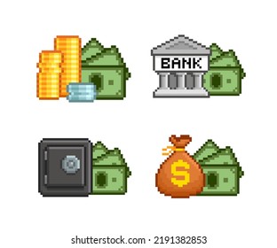 Pixel Art Money storage icon set in 8-bit game style. Pixel banknotes, bank, coins, cash money icons set. Game currency. Video game money icons in retro 80s - 90s style. Editable vector illustration