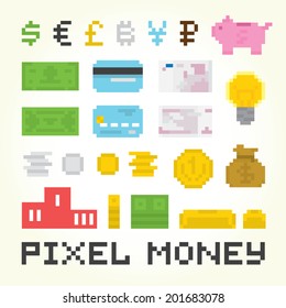 Pixel Art Money Vector Isolated Objects Set
