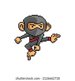 Pixel art of a monkey wearing a ninja suit. Mammal 8 bit. old game graphics. suitable for adventurous game characters