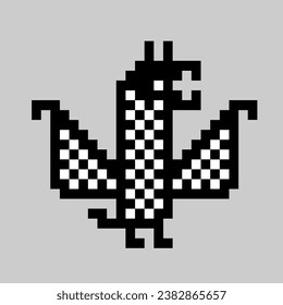 Pixel art monochrome cute dragon with wings isolated on grey background. For celebrating chinese new year 2024, home textile, bedding, wallpaper, apparel fabric, package. Vector illustration