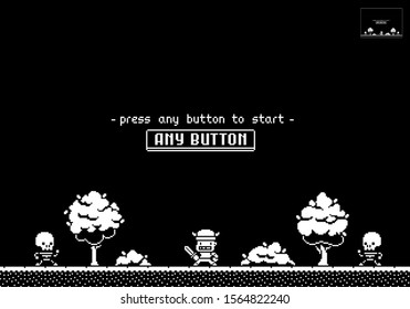 Pixel art monochrome game scene, start screen with button, character, trees, bushes and skeletons