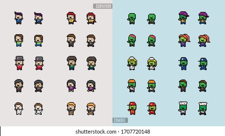 Pixel art monster zombie & survivor characters 8bit suitable for game asset and illustrations