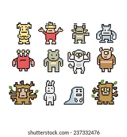Pixel art monsters and animals collection isolated on white background.