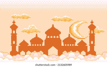 pixel art of the month of ramadan there is a magnificent mosque building under the moon and a beautiful sky