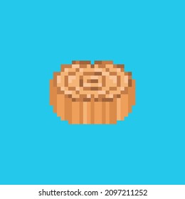 Pixel art moon cake icon. Vector 8 bit style illustration of pixel Chinese festival cake. Isolated cute decorative food element of retro video game computer graphic.