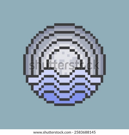 Pixel art of moon rising over the ocean representation of a night scene, the pixelated style adds a retro and vintage feel to the image. Vector illustration. 