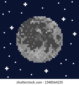 Pixel art moon and stars. Vector illustration