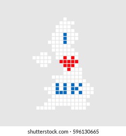 Pixel art mosaic poster with - I like United Kingdom - words. England, Scotland, Wales and Northern Ireland included map. Simple vector flat design.