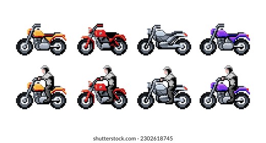 pixel art motorcycle set, biker on motorcycle, 8 bit pixel retro game, vector