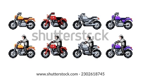 pixel art motorcycle set, biker on motorcycle, 8 bit pixel retro game, vector