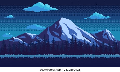 Pixel art mountain background at night. Grassy ground against the backdrop of a pine forest, snow-capped peaks and a cloudy sky with stars. Horizontal seamless nature vector illustration.