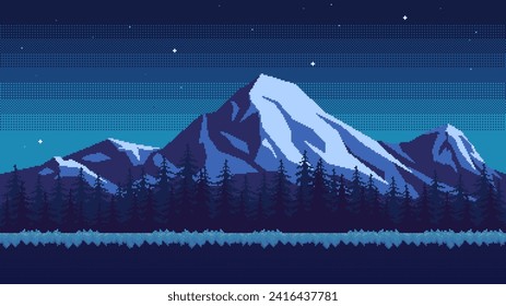 Pixel art mountain background at night. Grassy ground against the backdrop of a pine forest, snow-capped peaks and sky with stars. Horizontal seamless nature vector illustration.