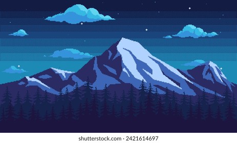 Pixel art mountain background at night. Seamless landscape backdrop of a pine forest, snow-capped peaks and a cloudy sky with stars. Nature horizontal vector illustration.