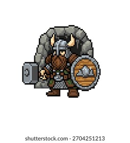 Pixel Art Berg Zwerg Verteidiger mit schweren Schild