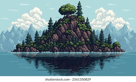 Pixel art mountain illustration background. 