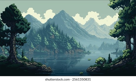 Pixel art mountain illustration background. 