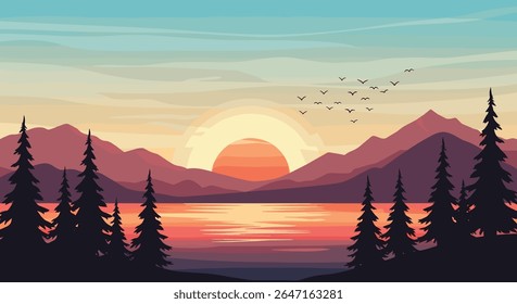 Pixel Art Mountain Lake Sunset Scenery With Flying Birds