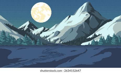 Pixel art mountain landscape at night.