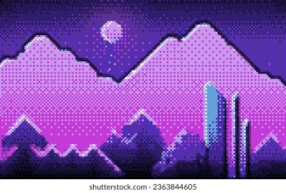 Pixel art of mountain landscape. Template for video game or retro the 80's like design.