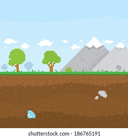 Pixel art mountain location vector illustration